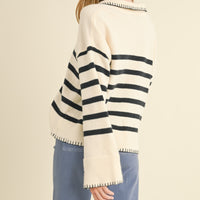 Detailed Collar Stripe Comfy Sweater