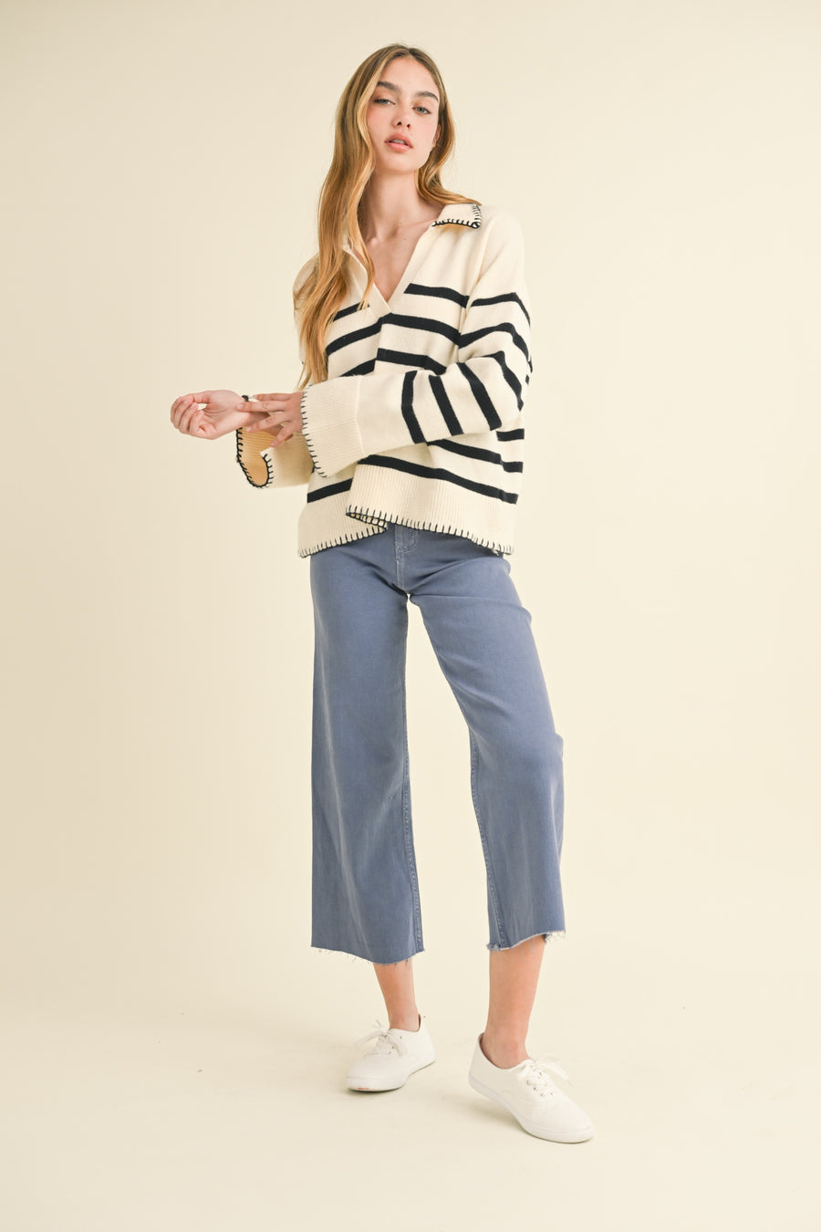 Detailed Collar Stripe Comfy Sweater