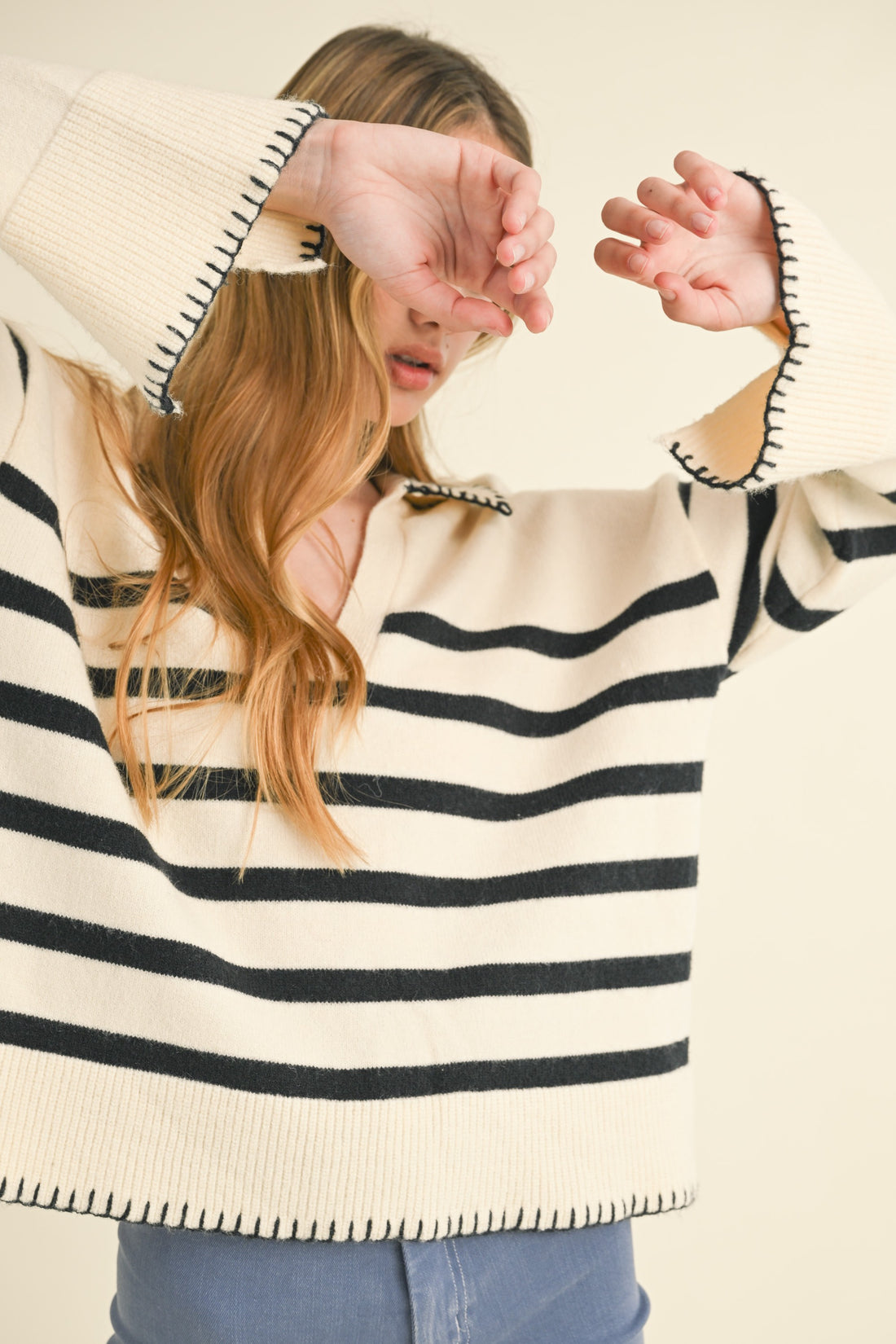 Detailed Collar Stripe Comfy Sweater