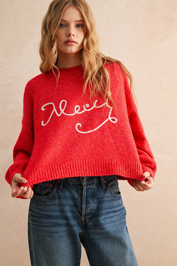Merci Handwritten Cropped Knit Sweater