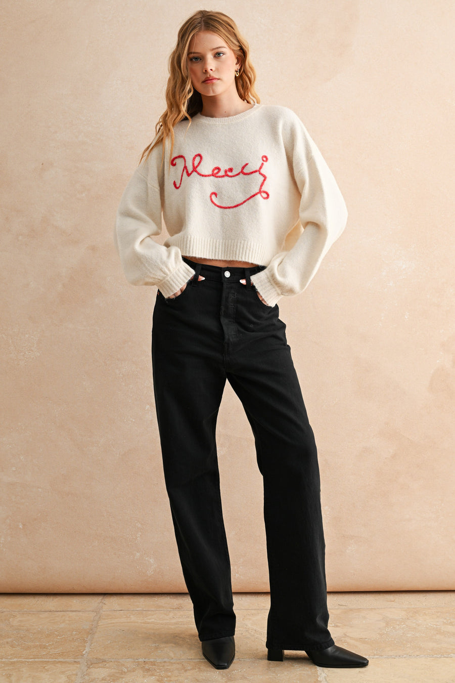 Merci Handwritten Cropped Knit Sweater