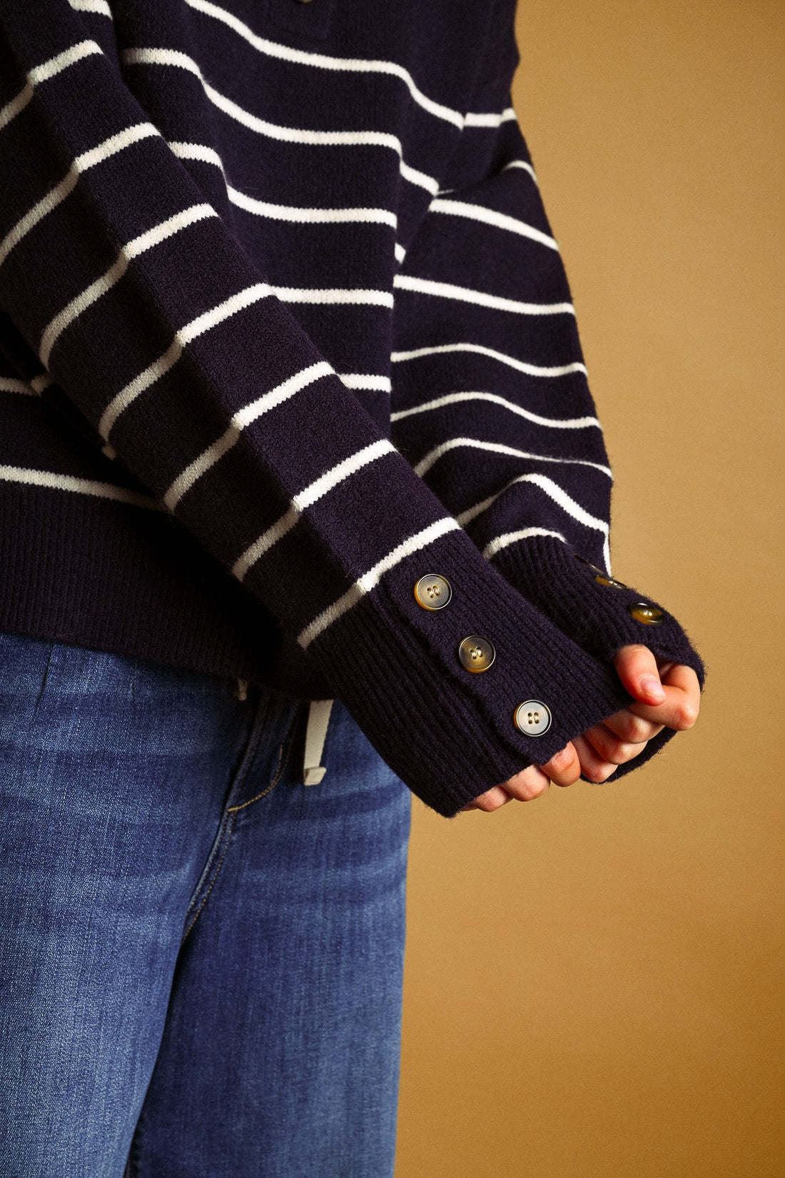 Striped Mock Neck Button Placket Relaxed Knit Sweater