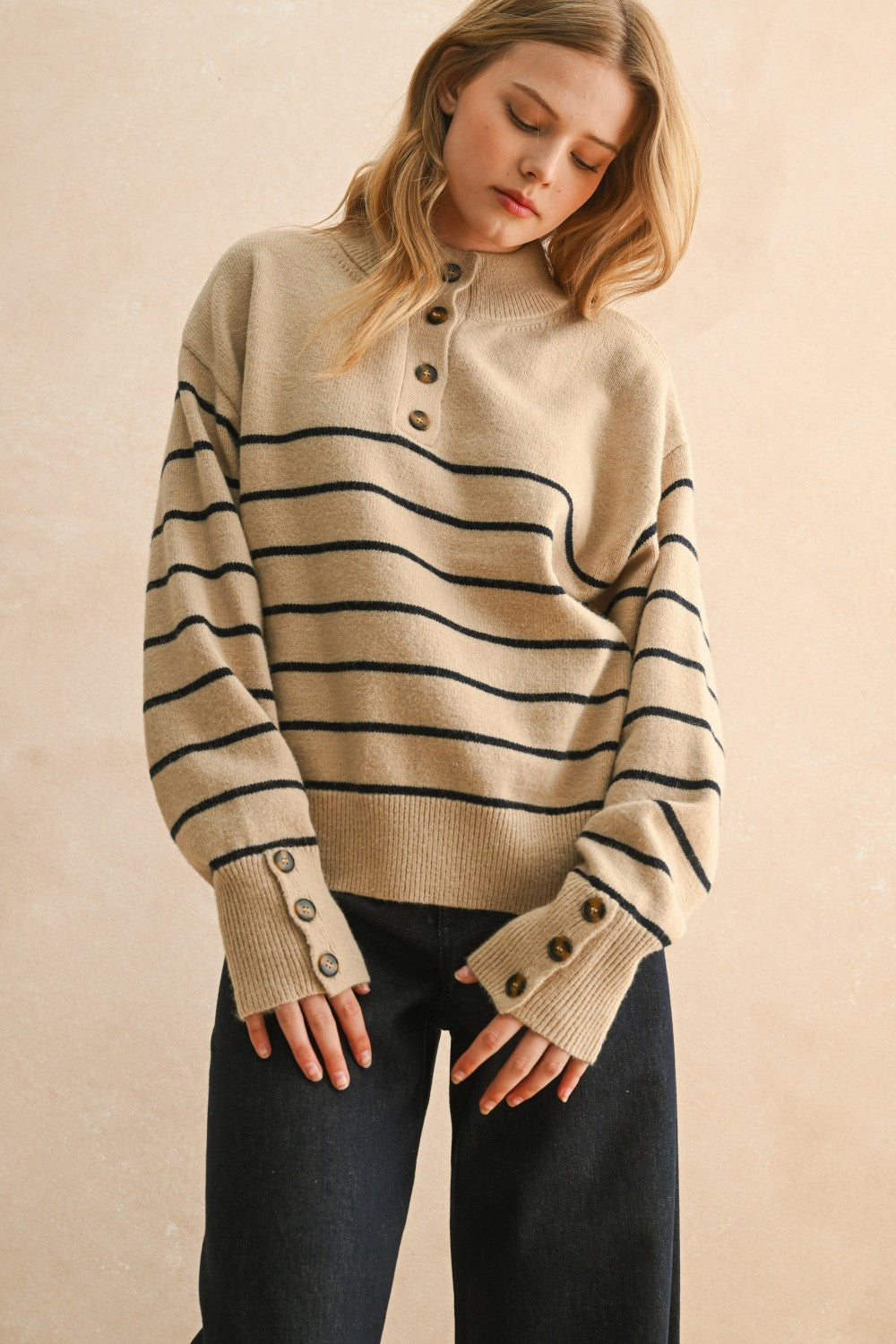 Striped Mock Neck Button Placket Relaxed Knit Sweater