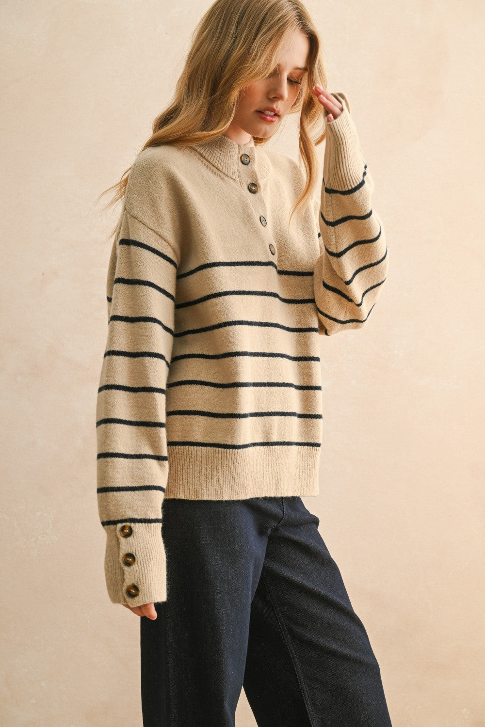 Striped Mock Neck Button Placket Relaxed Knit Sweater