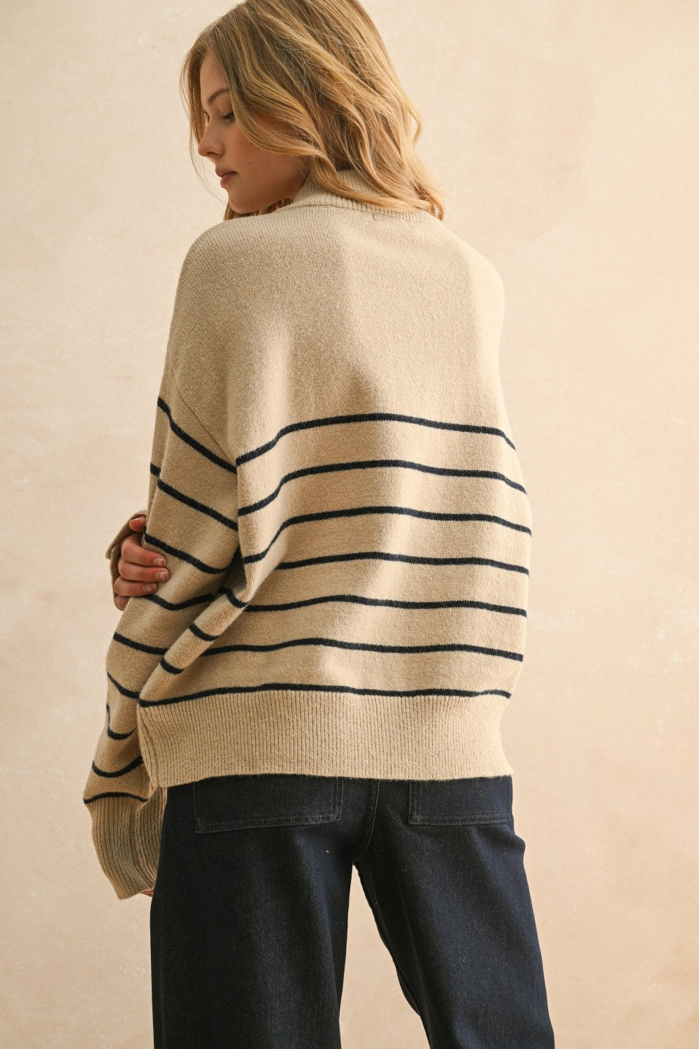 Striped Mock Neck Button Placket Relaxed Knit Sweater