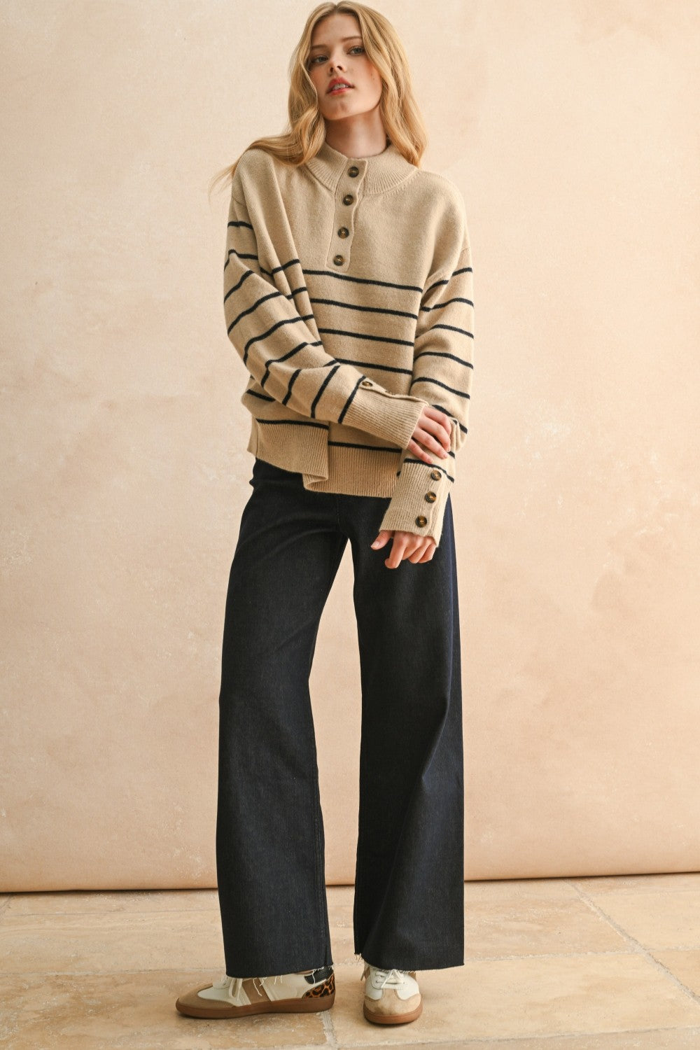 Striped Mock Neck Button Placket Relaxed Knit Sweater