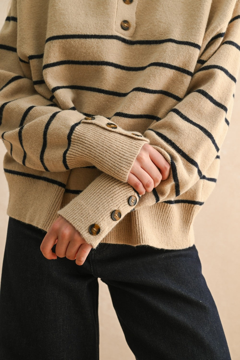Striped Mock Neck Button Placket Relaxed Knit Sweater