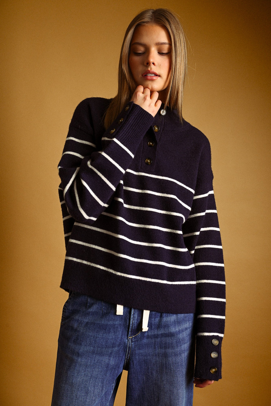 Striped Mock Neck Button Placket Relaxed Knit Sweater
