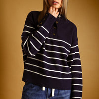 Striped Mock Neck Button Placket Relaxed Knit Sweater
