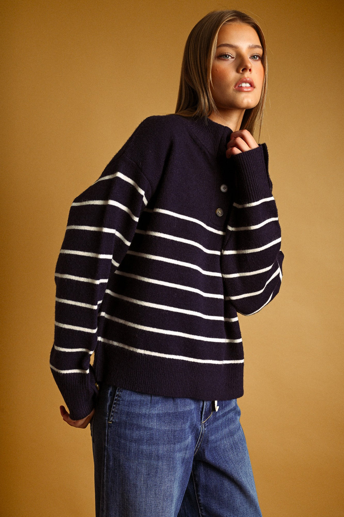 Striped Mock Neck Button Placket Relaxed Knit Sweater
