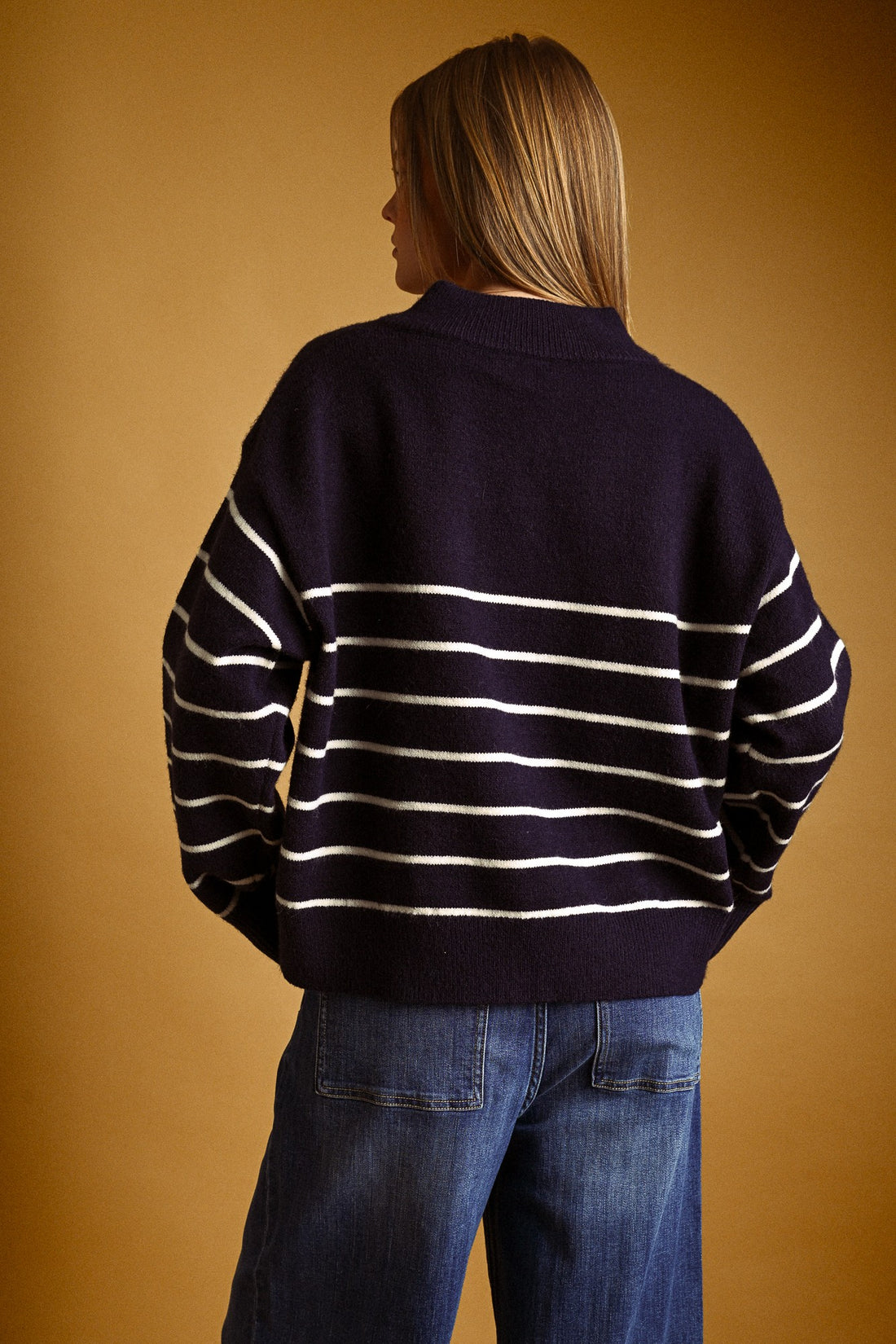 Striped Mock Neck Button Placket Relaxed Knit Sweater
