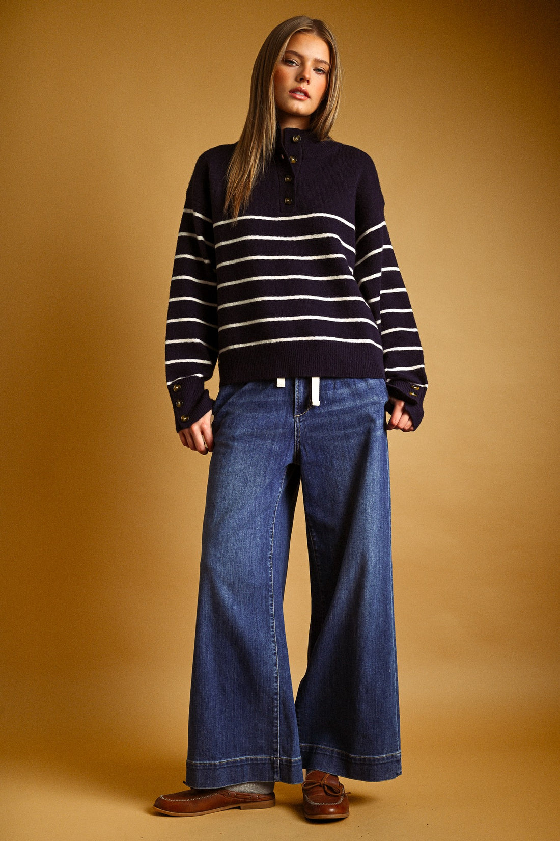 Striped Mock Neck Button Placket Relaxed Knit Sweater
