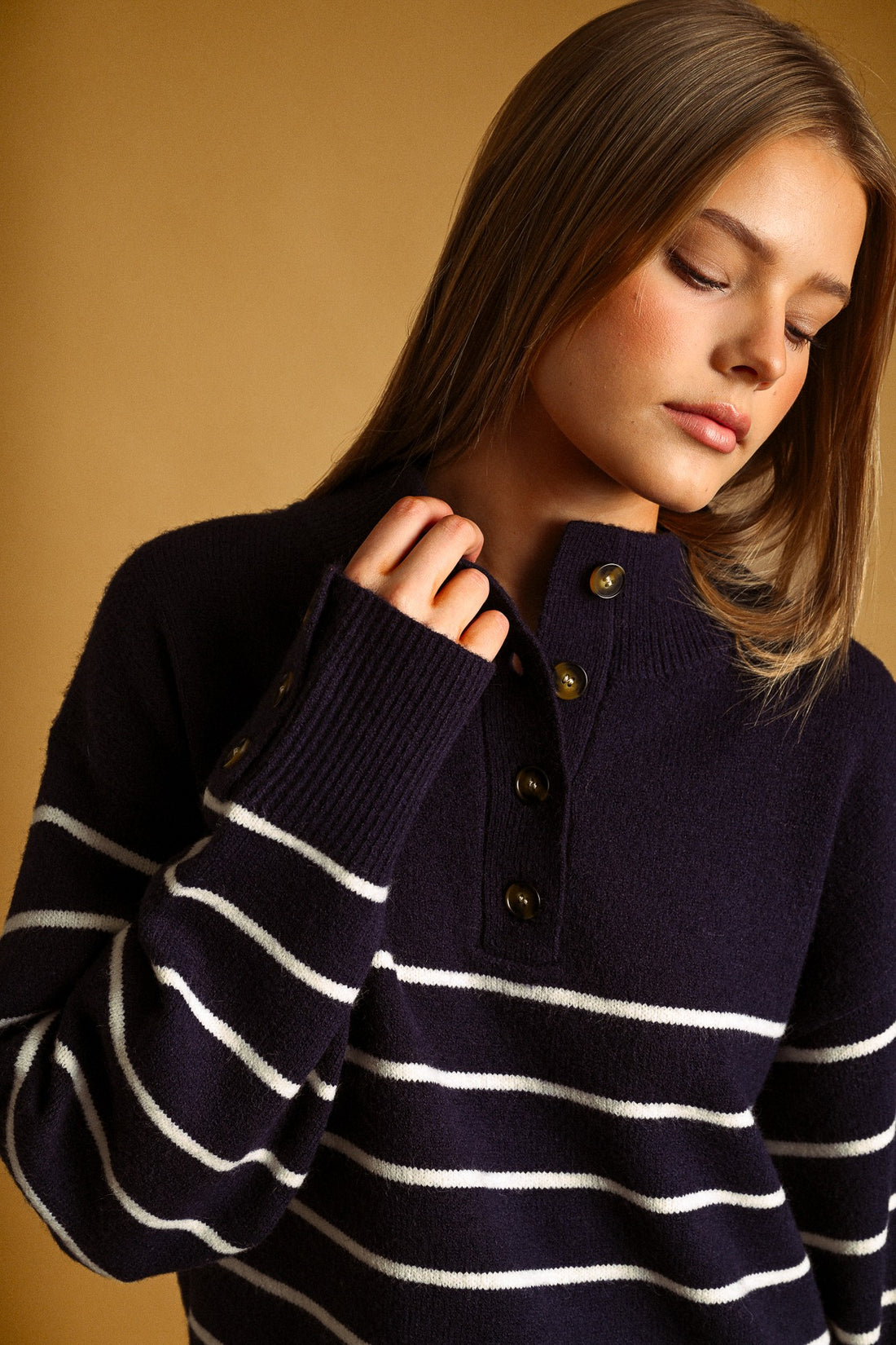 Striped Mock Neck Button Placket Relaxed Knit Sweater