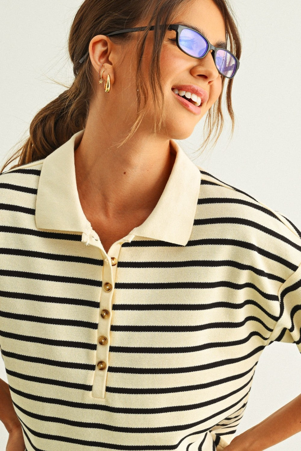 Striped Knit Polo Top with Button Placket