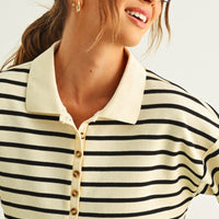 Striped Knit Polo Top with Button Placket
