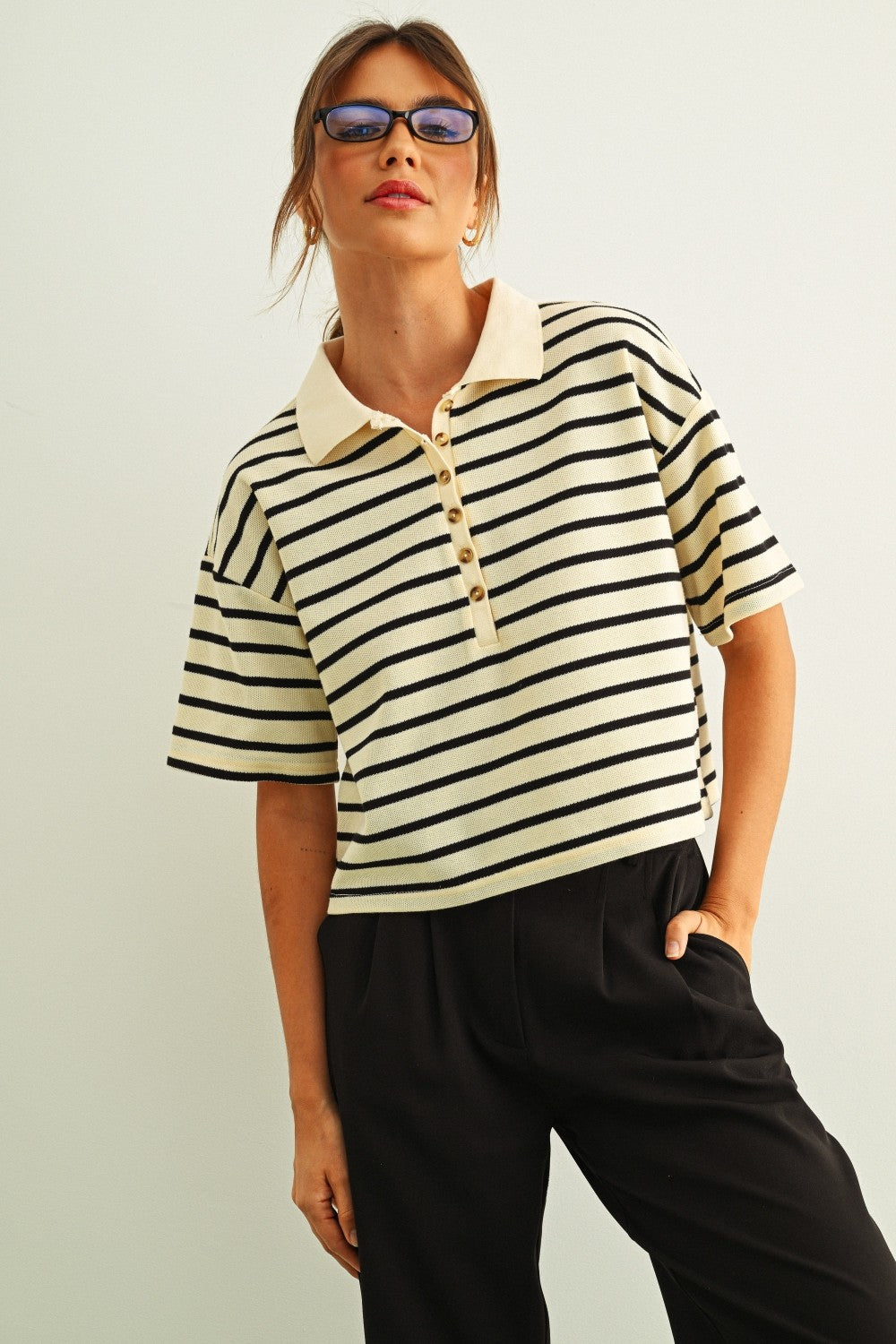 Striped Knit Polo Top with Button Placket