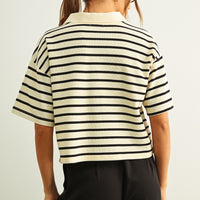 Striped Knit Polo Top with Button Placket