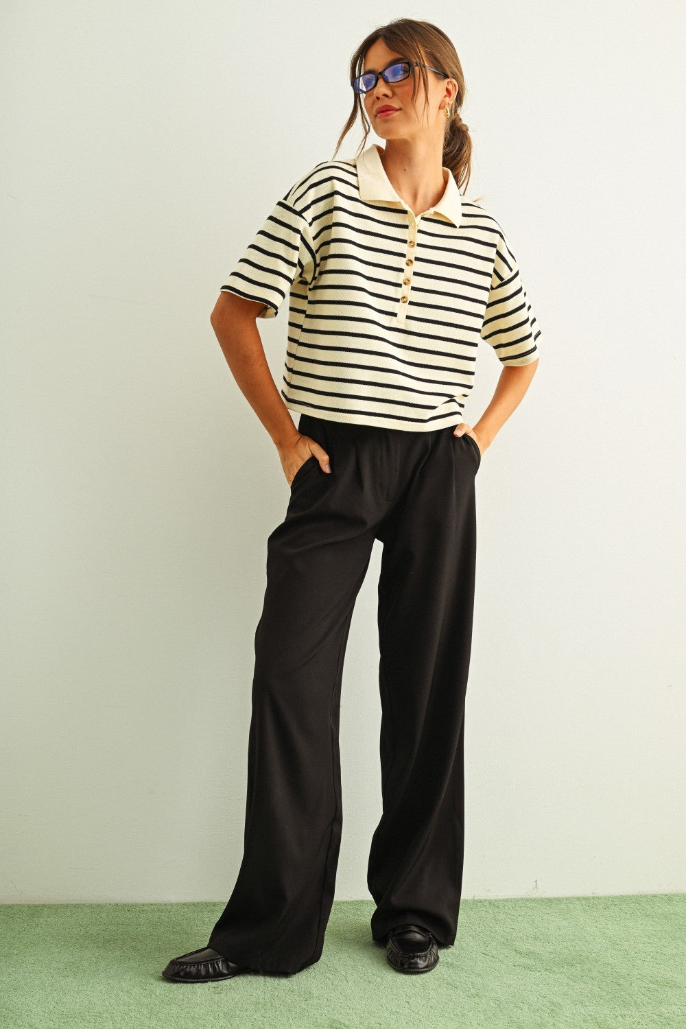Striped Knit Polo Top with Button Placket