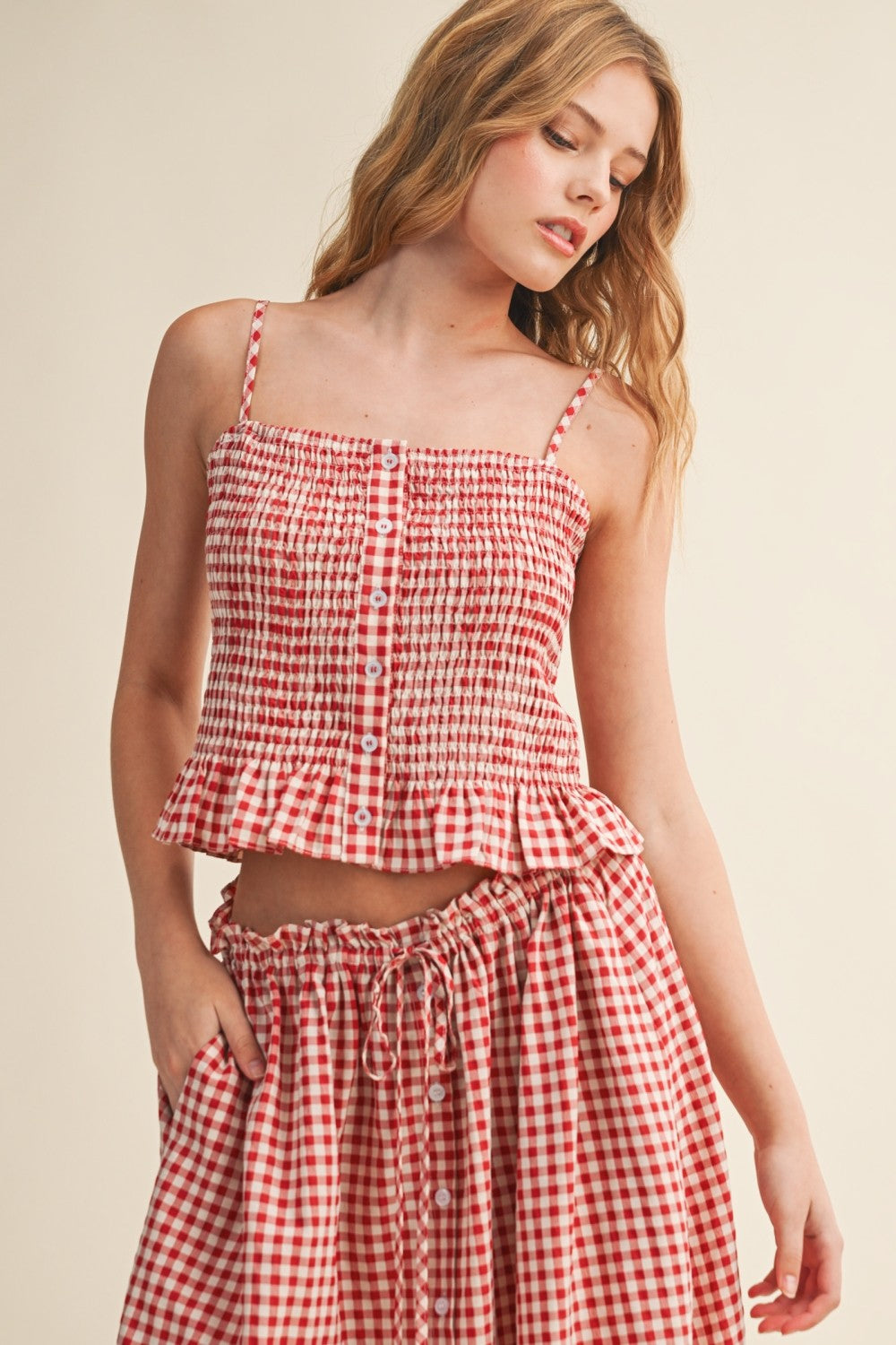 Gingham Smocked Button-Front Crop Tank Top