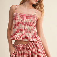 Gingham Smocked Button-Front Crop Tank Top