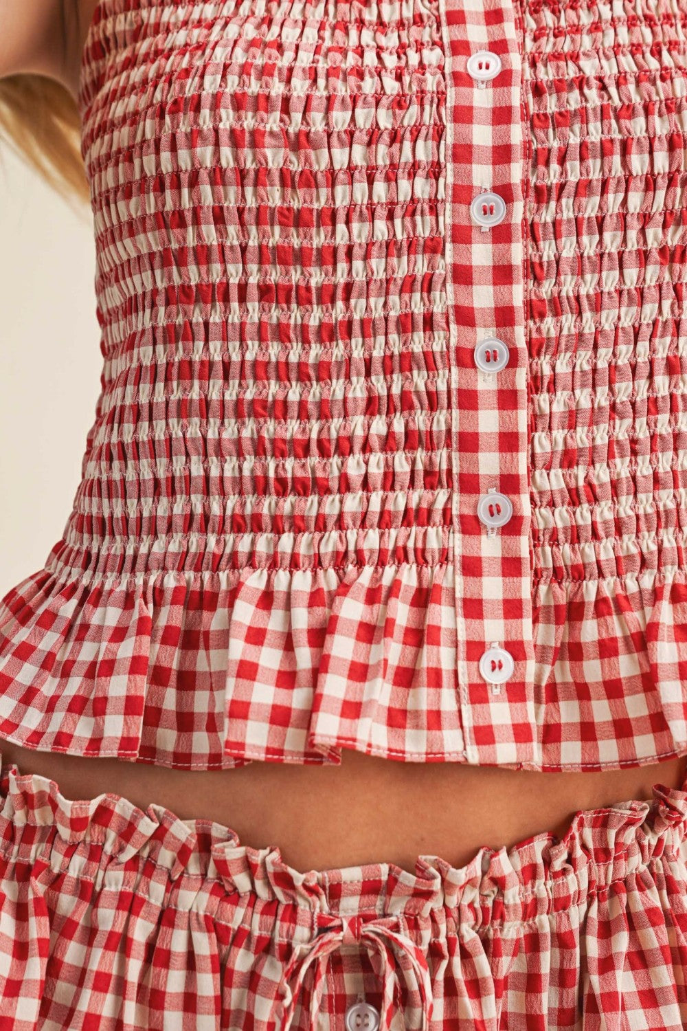 Gingham Smocked Button-Front Crop Tank Top