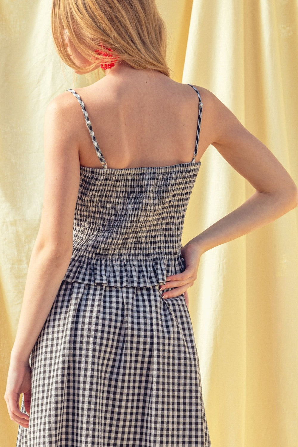 Gingham Smocked Button-Front Crop Tank Top