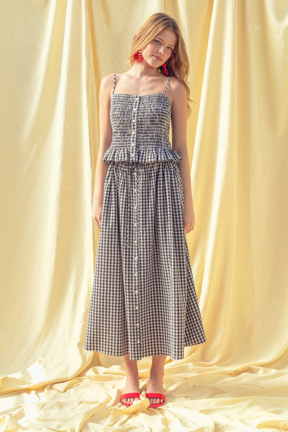 Gingham Smocked Button-Front Crop Tank Top