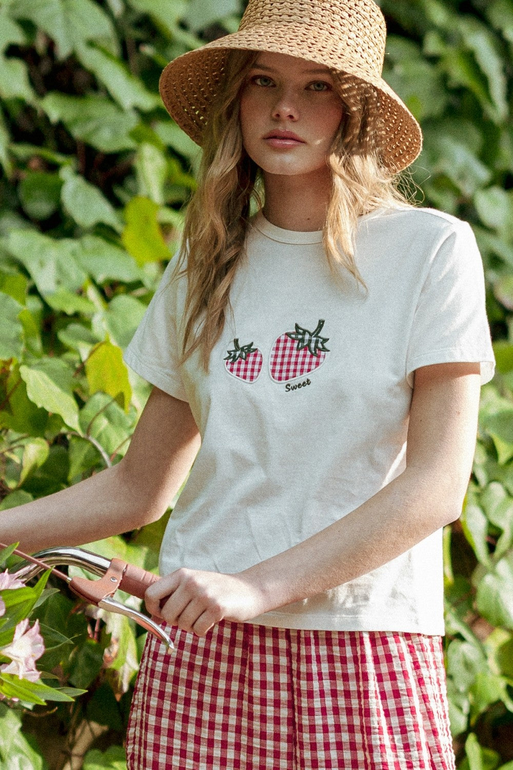 Sweet Gingham Strawberry Embroidered Baby Tee