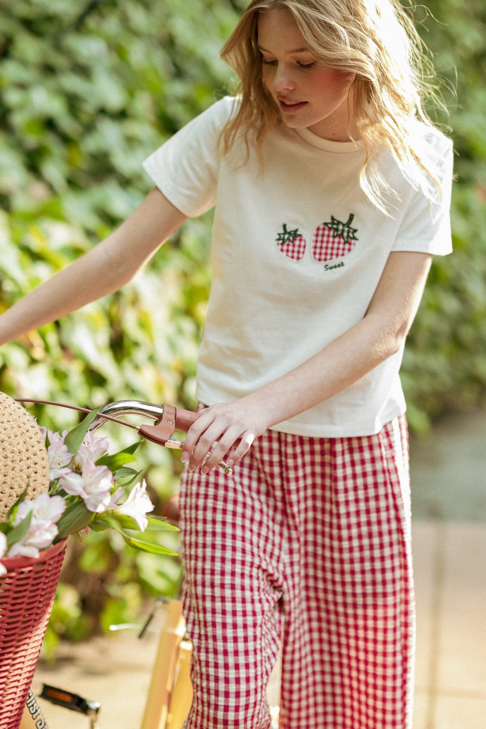 Sweet Gingham Strawberry Embroidered Baby Tee