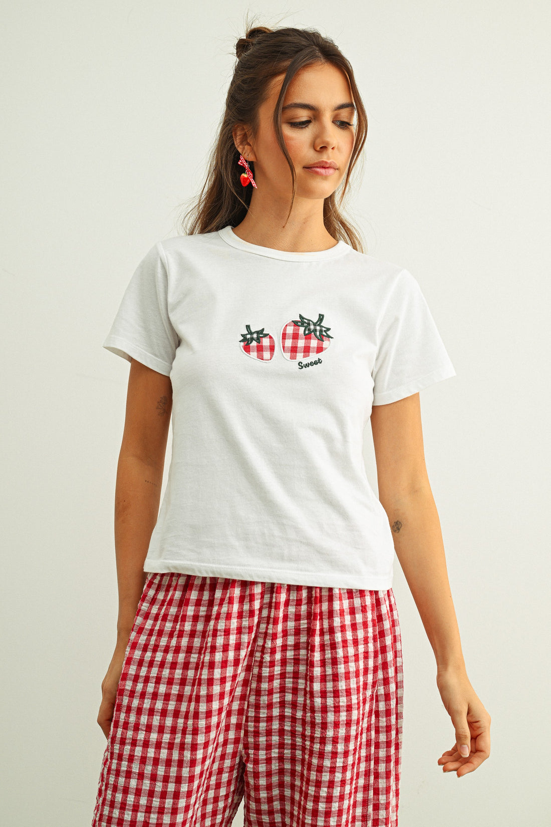 Sweet Gingham Strawberry Embroidered Baby Tee