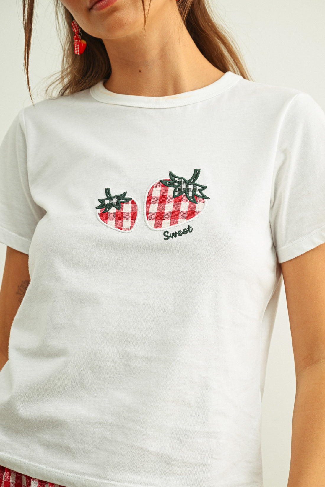 Sweet Gingham Strawberry Embroidered Baby Tee