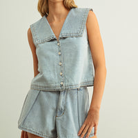 Women’s Sleeveless Denim Sailor Collar Button Front Top