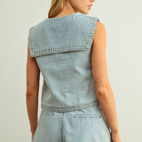 Women’s Sleeveless Denim Sailor Collar Button Front Top