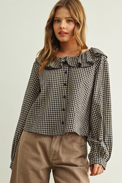 Vintage Inspired Gingham Ruffled Collar Blouse