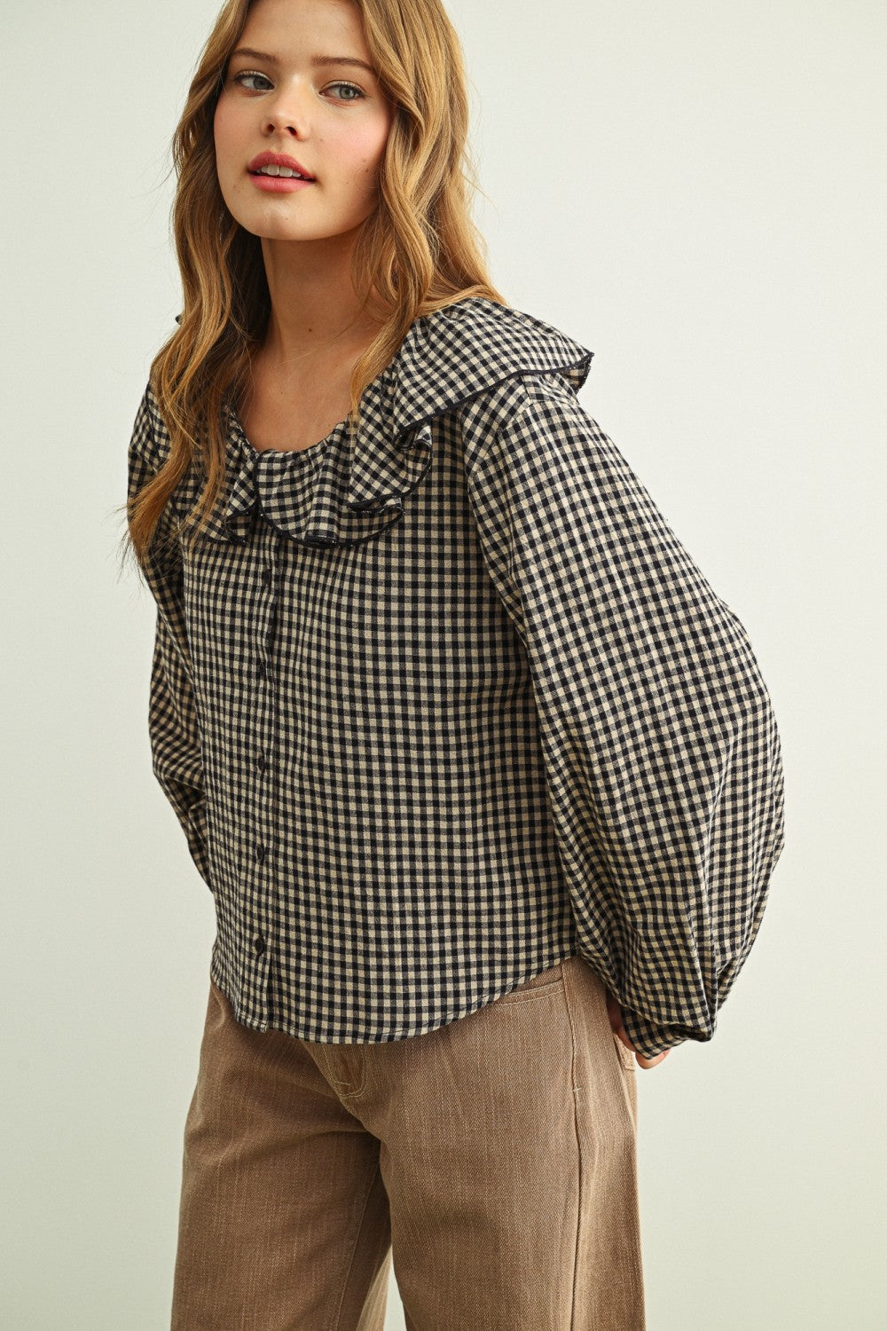 Vintage Inspired Gingham Ruffled Collar Blouse