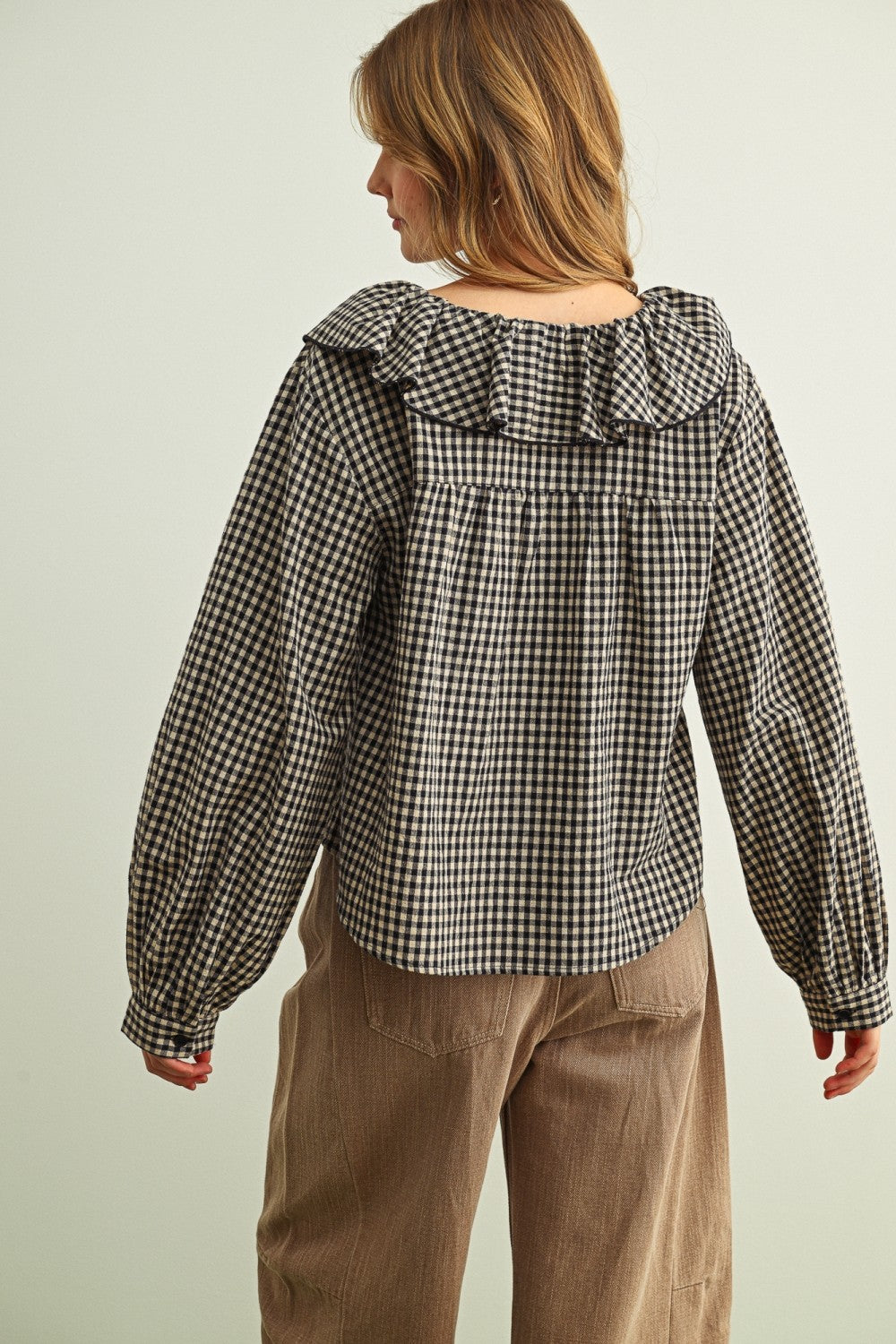 Vintage Inspired Gingham Ruffled Collar Blouse