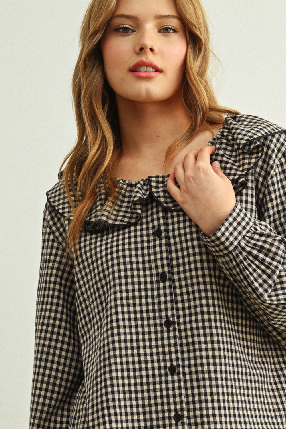 Vintage Inspired Gingham Ruffled Collar Blouse