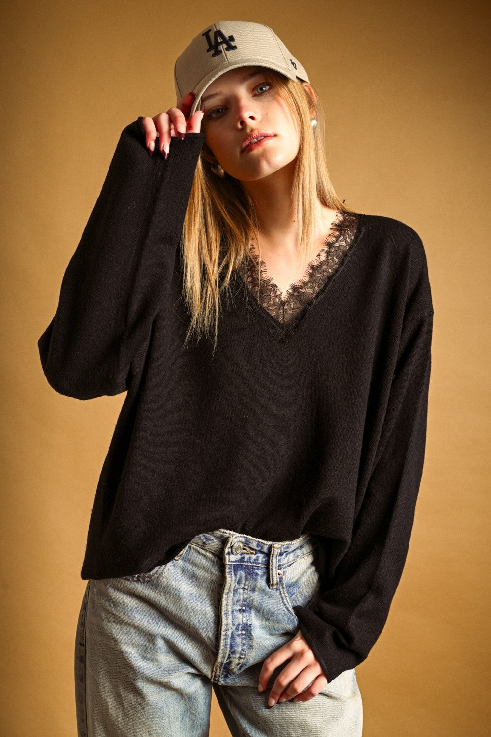 Lace Trim V-Neck Oversized Knit Sweater