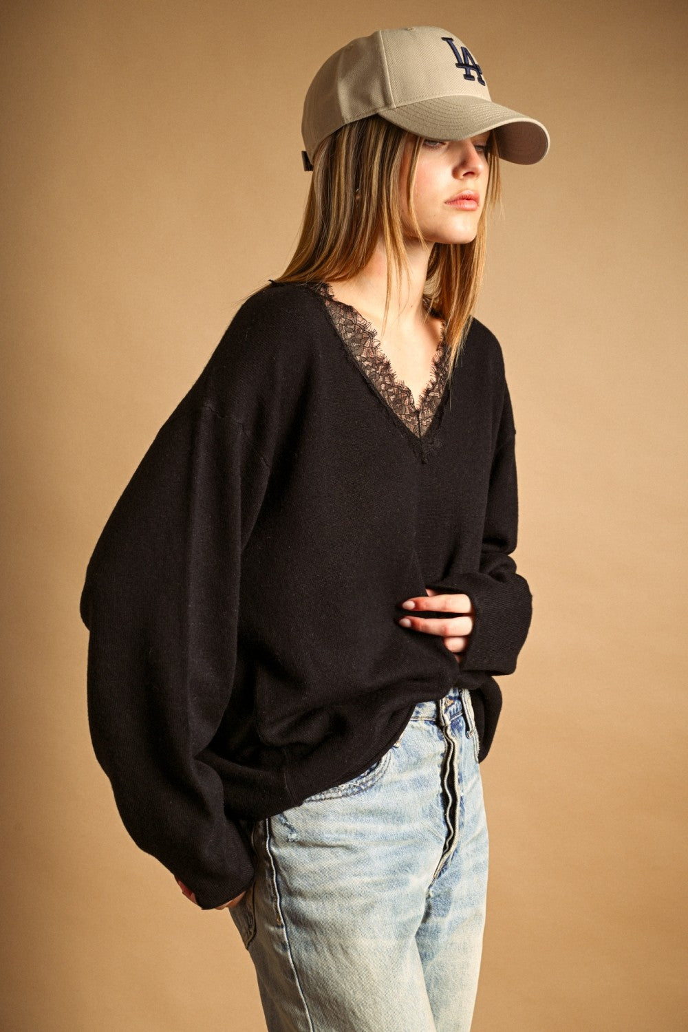 Lace Trim V-Neck Oversized Knit Sweater