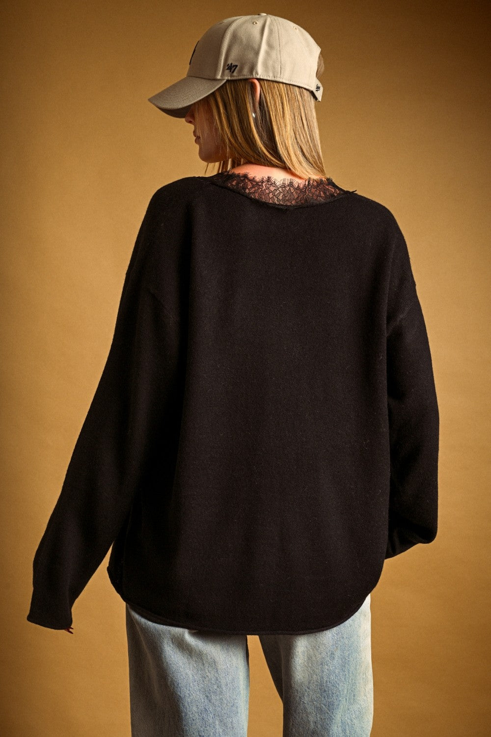 Lace Trim V-Neck Oversized Knit Sweater
