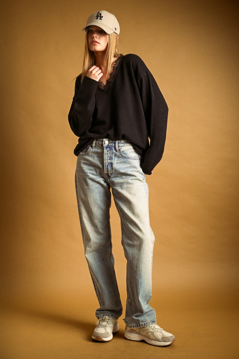 Lace Trim V-Neck Oversized Knit Sweater