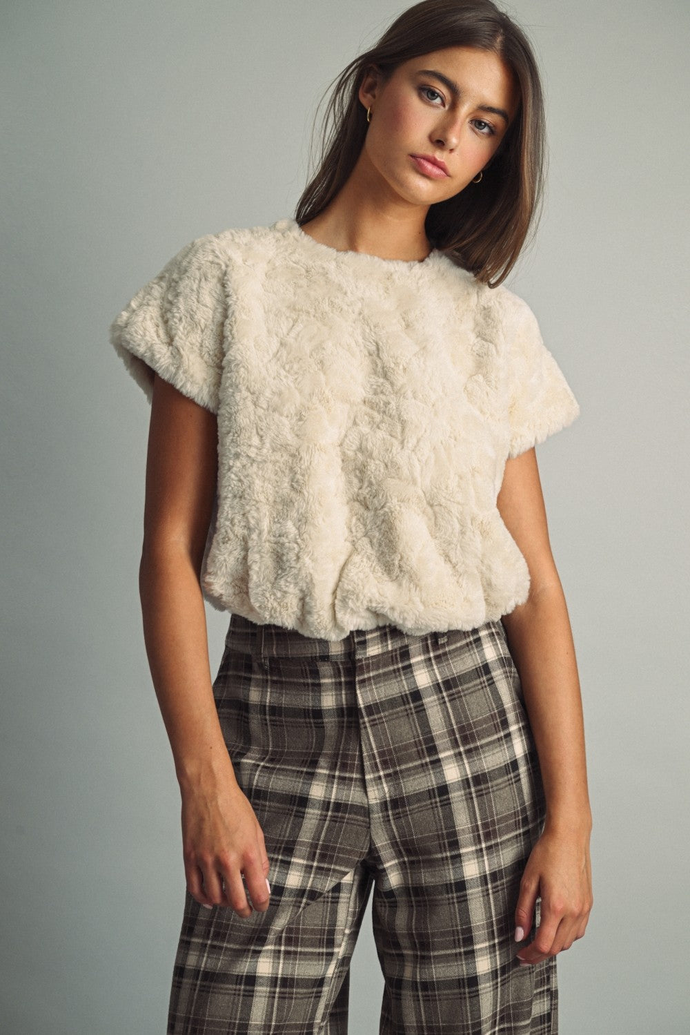 Women's cream faux fur short sleeve top with plush textured fabric and relaxed gathered hem