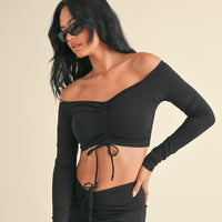 Ruched Off Shoulder Long Sleeve Crop Top