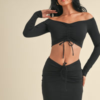 Ruched Off Shoulder Long Sleeve Crop Top