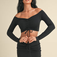 Ruched Off Shoulder Long Sleeve Crop Top