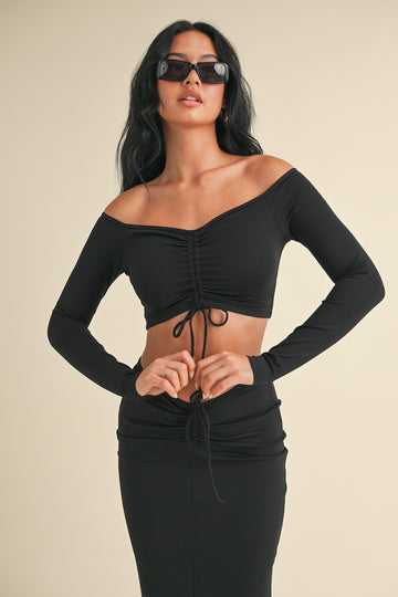 Ruched Off Shoulder Long Sleeve Crop Top