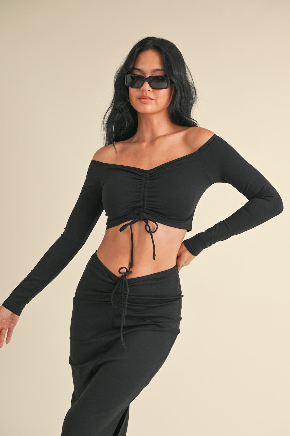 Ruched Off Shoulder Long Sleeve Crop Top