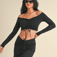 Ruched Off Shoulder Long Sleeve Crop Top