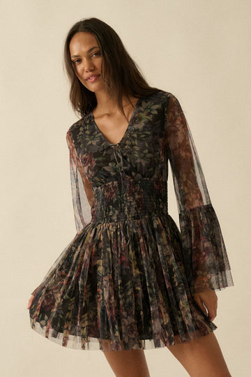 Floral Tulle Bell Sleeve Mini Dress