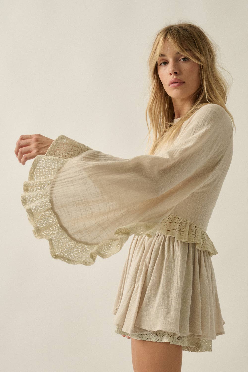 Boho Crochet Lace Ruffle Bell-Sleeve Cropped Top